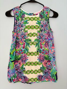 Lilly Pulitzer 100% Silk Iona Flower Gold Button Tank Size XS Beach Vacation